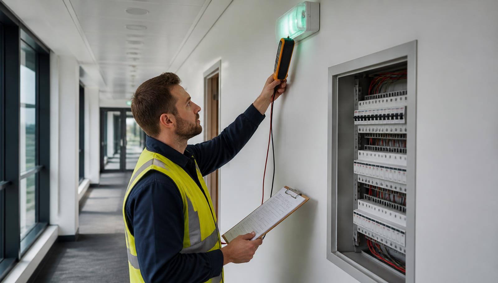 Engineer testing an emergency light and distribution board in a modern office building