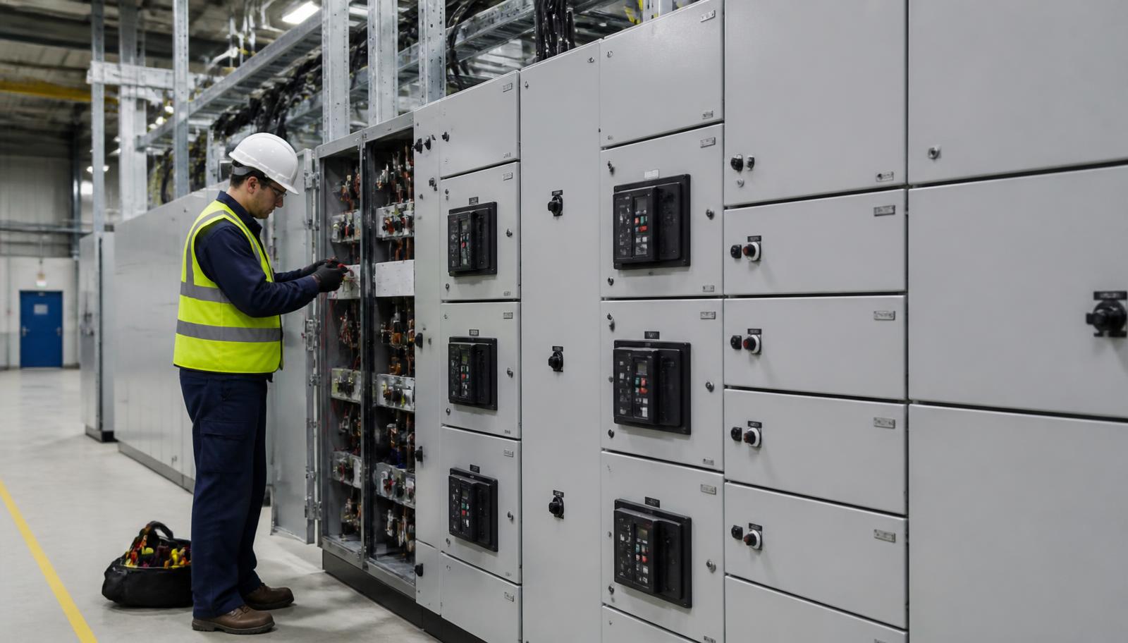 Engineer inspecting an LV main switchboard inside a UK industrial facility