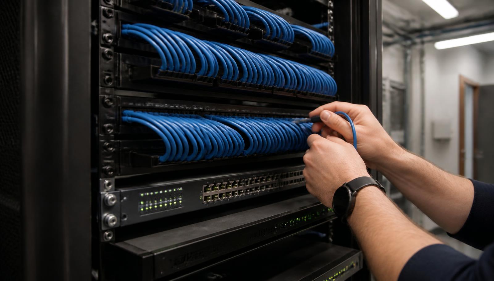 Technician terminating Cat6 patch leads in a structured cabling rack